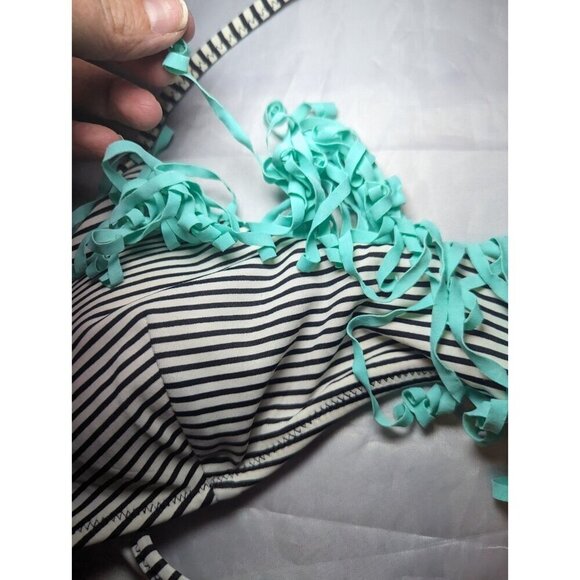 PINK Victoria Secret bikini swim TOP Striped & Aqua fringe halter Size Small - Picture 3 of 14